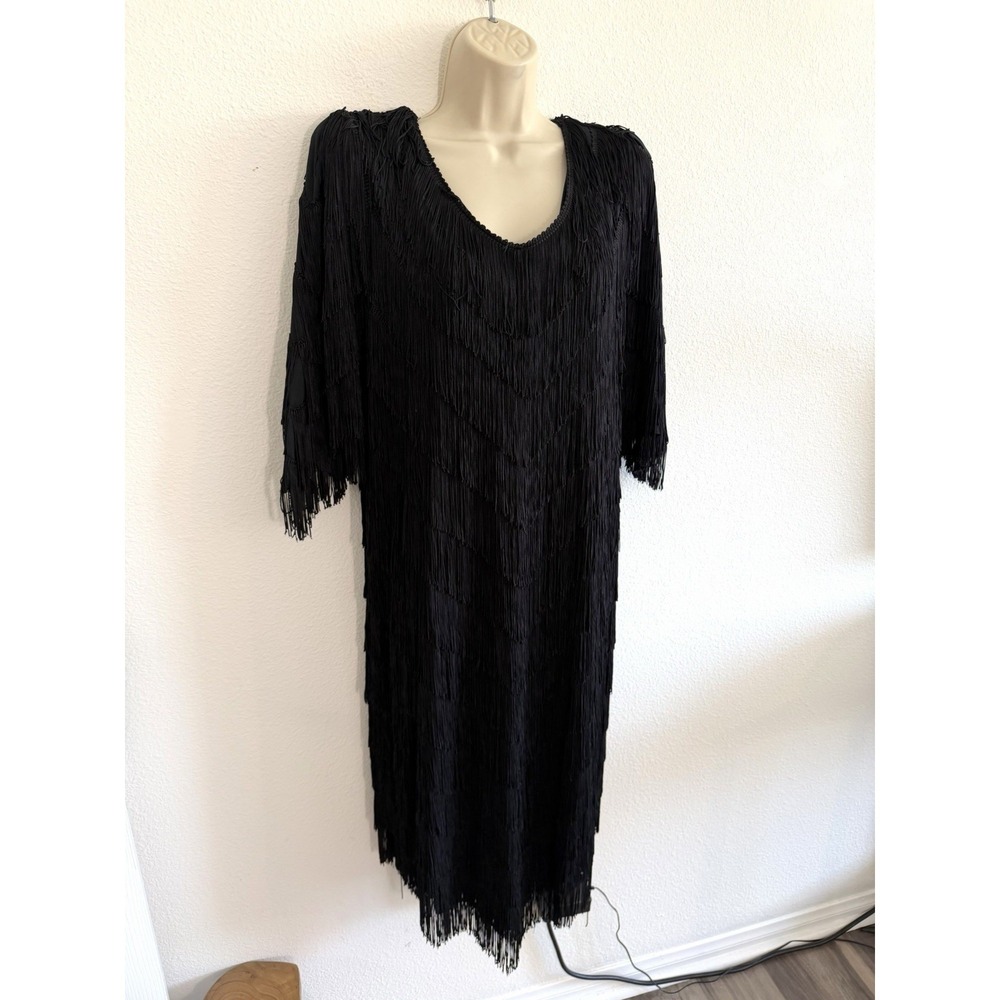 Vintage 80s Fully Fringe Dress Black Sz XL Flapper Knee Length Art Deco Cocktail - Picture 3 of 7